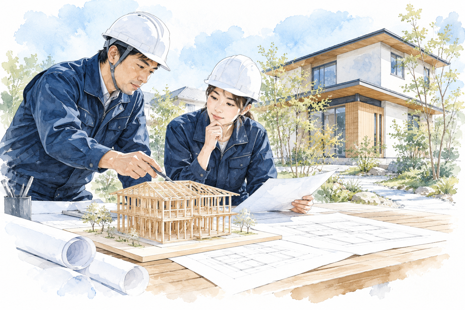 青い作業着の担当者が建築計画を考える水彩イラスト