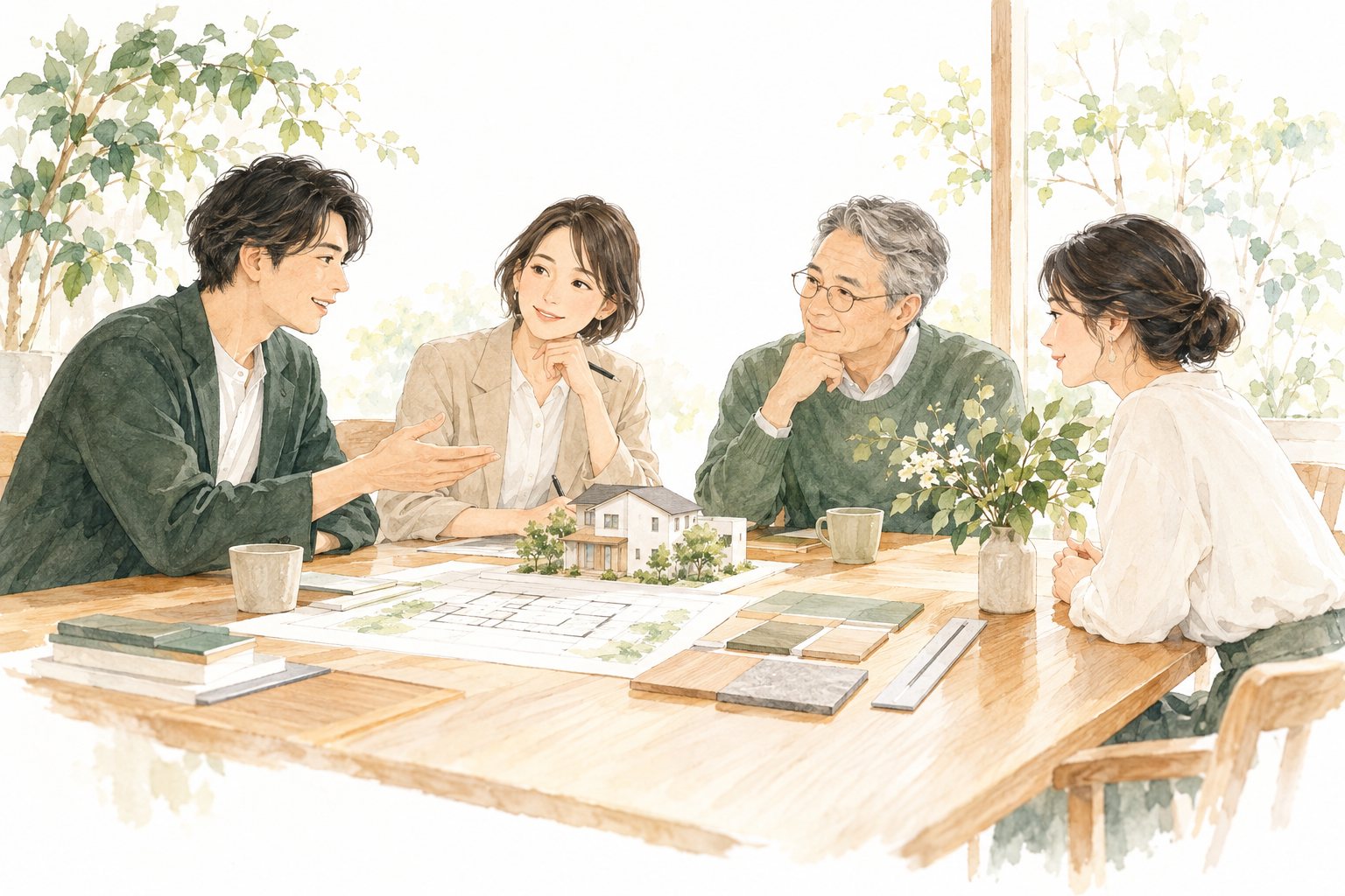 住まいの模型と図面を囲み、ご相談者と専門家が話し合う水彩イラスト
