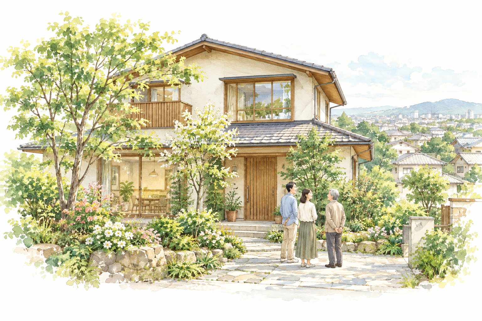 緑に囲まれた実家の前で、家と土地のこれからを話すご家族の水彩イラスト