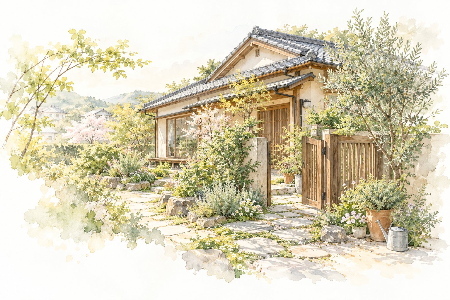 庭の緑に囲まれた日本家屋を描いた水彩イラスト