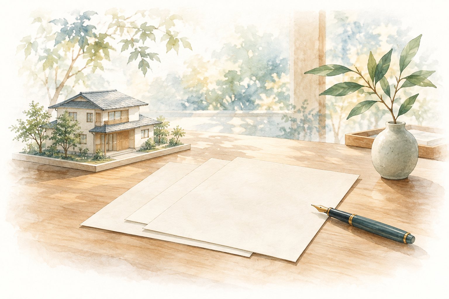 家の模型と書類、万年筆を描いた水彩イラスト
