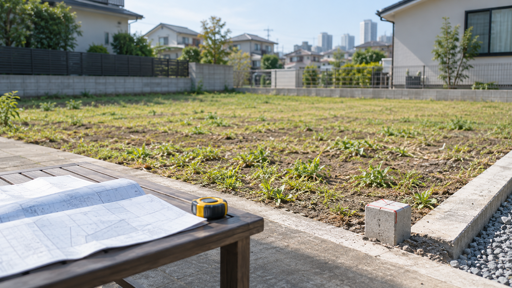 住宅地の土地と境界標、測量資料を写したイメージ画像