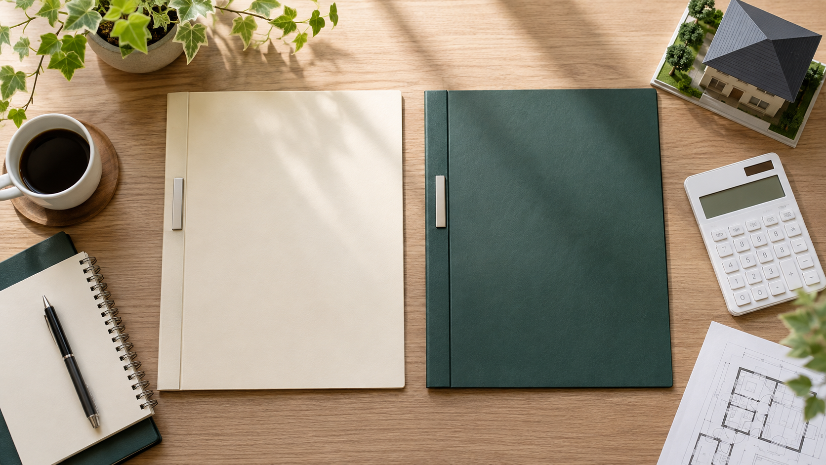 机に並べた二つの提案書と電卓のイメージ画像