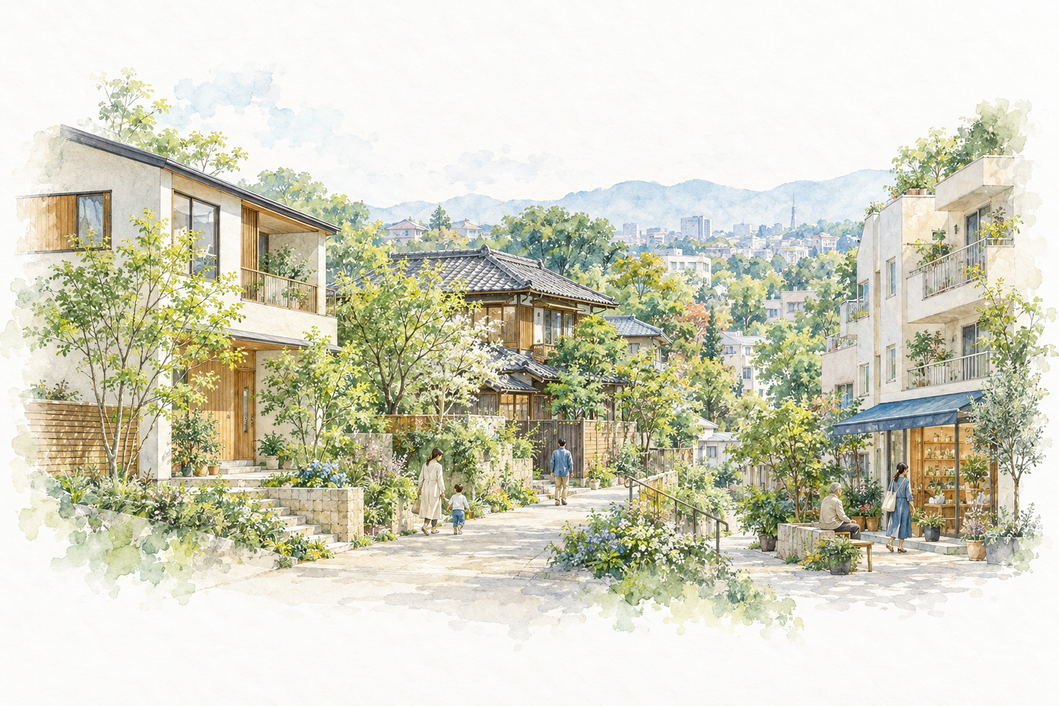 緑に囲まれた住まいと商店、人々の暮らしがつながる街の水彩イラスト